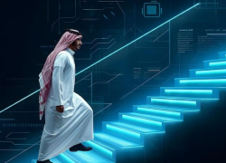 A Saudi Arabian man is walking up stairs _ Premium AI-generated image